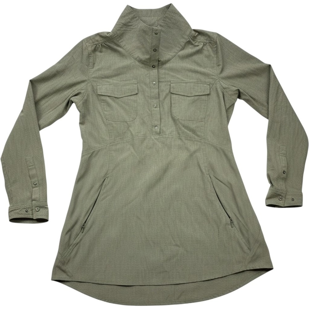 Royal Robbins Womens Olive Green Grid Long Sleeve Snap Neck Tunic Pullover Sz M